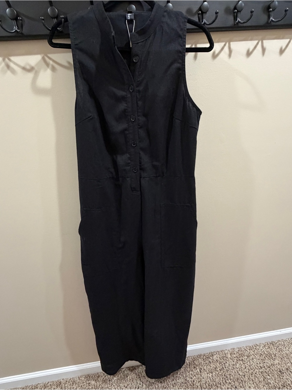 Women's Black Cotton Linen Sleeveless Collared Jumpsuit With Cargo Pockets Sz L - Picture 1 of 14